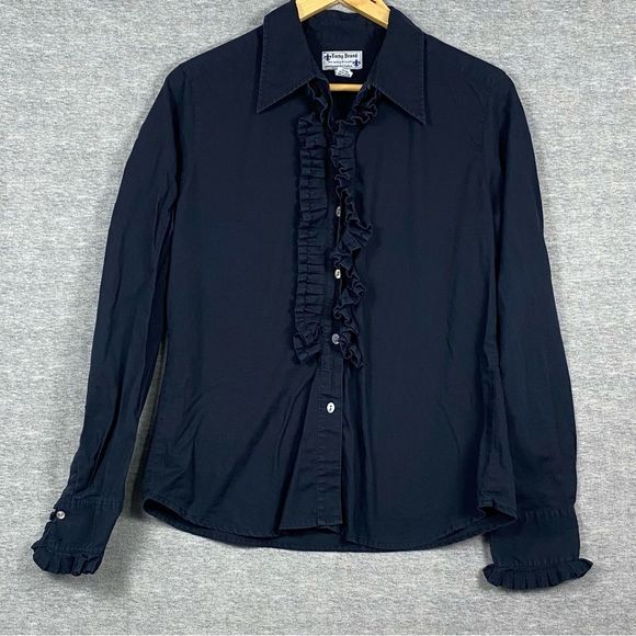 Lucky Brand Womens Black Collared Notch Neck Poet Sleeves Ruffled Button Down L - Picture 1 of 12